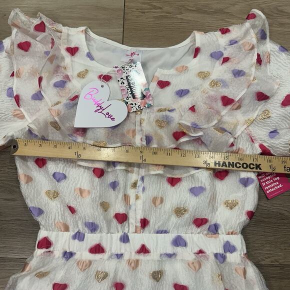 Buddy Love NWT Med Norma Ruffle Short Dress Kissing Booth Heart Print White Pink - Picture 9 of 16